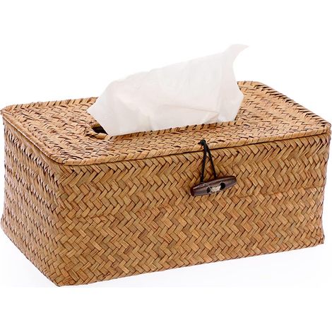 Boîte rotin caramel – rectangulaire, organisateur bureau/salon/chambre/jardin