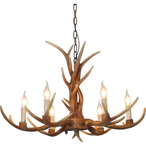 Gojoy – Lustre rustique en bois de cerf 6 têtes – luminaires suspendus en corne de cerf – dimensions 76 x 53 cm – culot E14 – tension 110-240V (1/5)