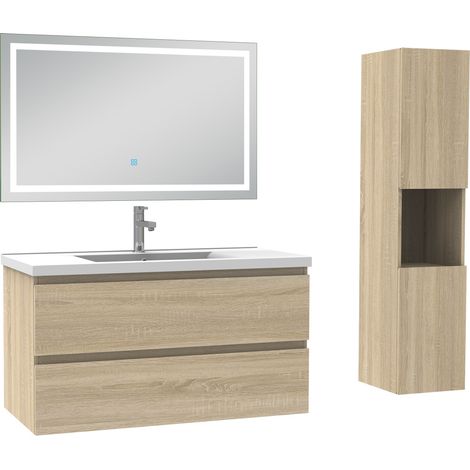 Ensemble meuble de salle de bain 100cm, vasque céramique + colonne haut + LED miroir mural, chêne