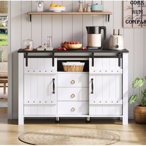 Buffet 120x40x80 cm blanc en MDF avec portes coulissantes et 3 tiroirs (1/5)