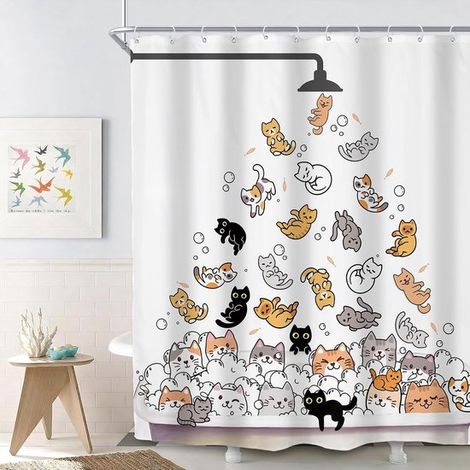 Rideau de douche Chat Amusant 180x180cm - Motif dessin animé coloré - Imperméable et lavable, convient aux salles de bain d'enfants - Crochets inclus (1/2)