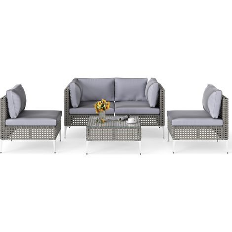 COSTWAY Set di Mobili da Esterno 5 Pezzi, Set da Conversazione in Rattan con Cuscini e Tavolino in Vetro Temperato, Tavolino e 4 Divani per Cortile, Bordo Piscina e Veranda (Modello 4,5 pezzi) (1/5)
