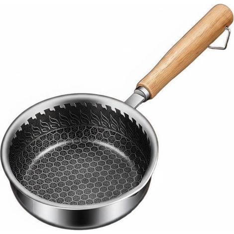 Honeycomb Pan, Mini Frying Pan, Non-Stick Stainless Steel Saucepan, Cookware Set, Even Heat Distribution, Precise Wooden Handle, Suitable for Quick Meals, Studio Apartment, Shared Living Room, 16cm (1/5)