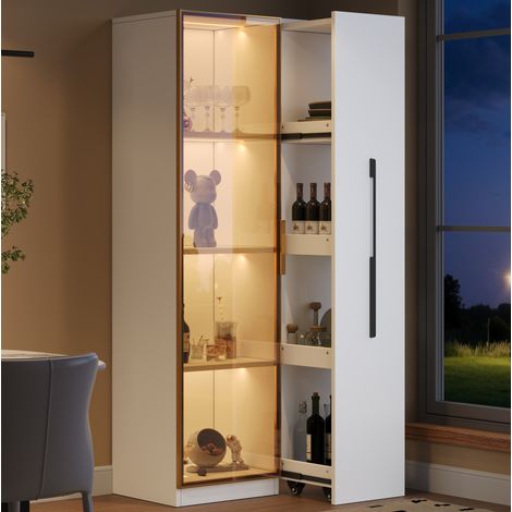 Vitrine aus MDF in Weiß 70 x 40 x 160 cm mit Glastüren, seitlichem Auszug und integrierter LED-Beleuchtung (1/5)