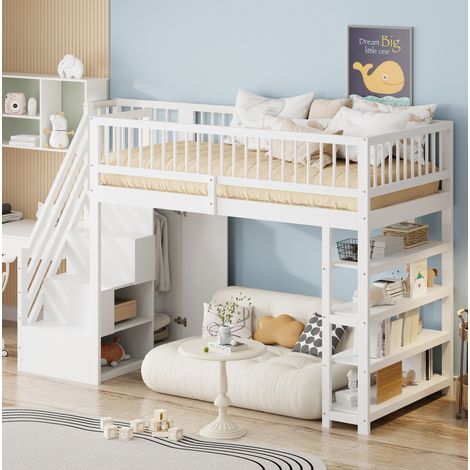 Letto a soppalco 90x200 cm bianco in legno con armadio e ripiani (1/5)
