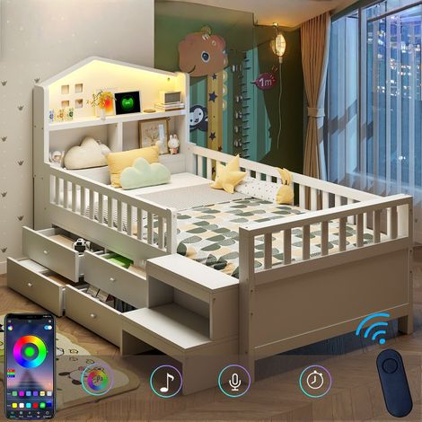 Lit enfant 90x200 cm avec LED, USB + Type-C, Lit Coffre avec4 tiroirs, marches et lattes incluses, Lit Enfant bois massif avec barrières– Blanc (1/5)