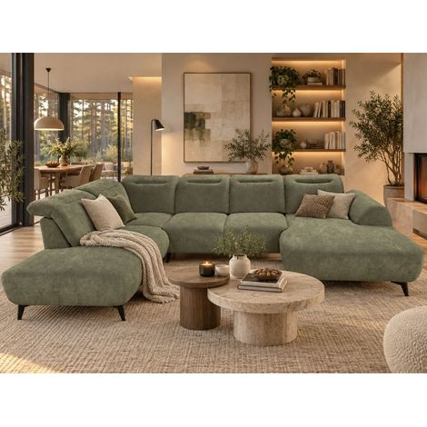 Wohnlandschaft Sofa U-Form ALETTE in Stoff Doha Hellgrün Lange Schenkel Links (1/5)