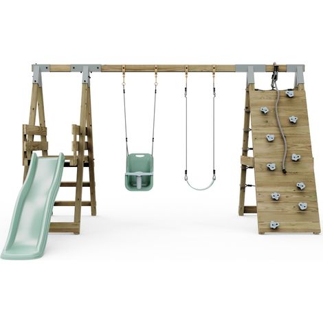 PolarPlay Premium Double Swing Set with Climbing Wall and Slide - Mint Green with Baby Seat (1/5)