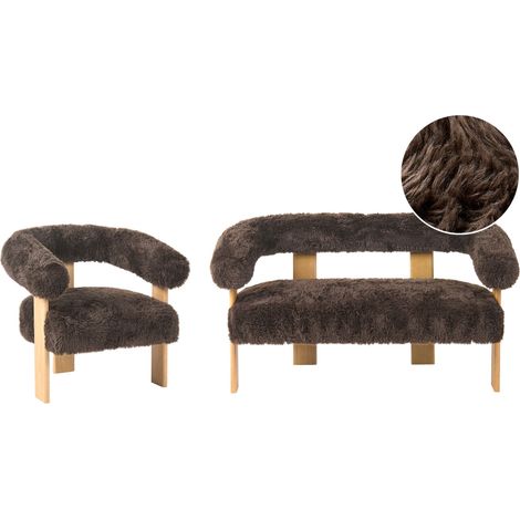 Set da salotto divano a 2 posti poltrona imbottita bouclé marrone scuro e marrone chiaro Ilbro