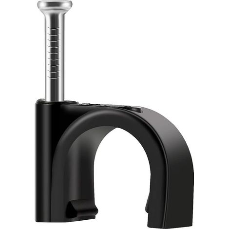 Schwarze Kabelklemmen mit Stahlnägeln, 10 mm, robuste Wandmontage, rund (1/2)