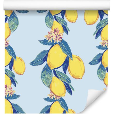 Papier peint citrons, feuilles et fleurs pour salon et chambre 50x1000 cm (1/5)