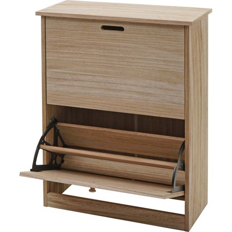 Boite à chaussures HWC-K45 - armoire à chaussures - 81x60x25cm 2 abattants - MDF en paulownia certifié MVG - brun naturel (1/5)