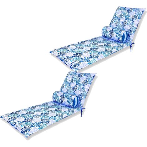 Lot 2 Coussins Chaise Longue 195x60 Motif Feuillage Bleu + 2 Traversins - Anti-UV (1/4)