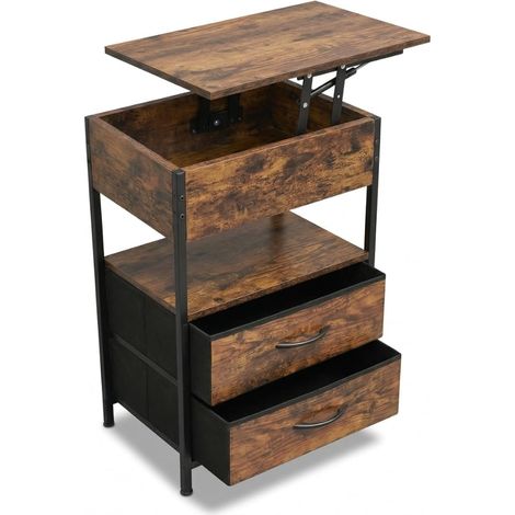 Industrial Wooden Bedside Table Lift-Up Top Vintage Bedside Table 2 Drawers Hidden Storage Small Bedside Table Bedside Table Bedroom Living Room Studio (1/4)