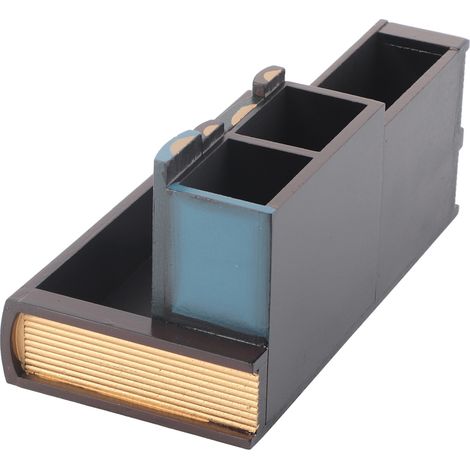 Porte-crayon en bois forme livre vintage 4 compartiments, organisateur de stylos rétro pour maison et librairie (1/5)