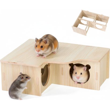 Maison en Bois pour Hamster, Maison pour Hamster Niche d'Angle pour Hamsters Maisons pour Cochons d'Inde en Bois avec 3 Chambres Maisonnettes pour Hamsters, Gerbilles, Degus, Souris à Maquereau (1/5)