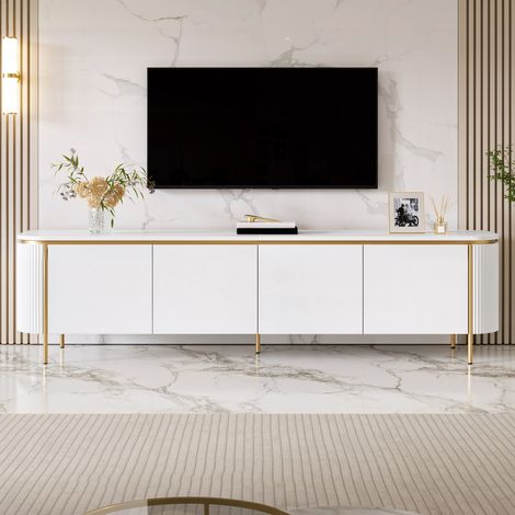 Meuble TV bas 180 x 38 x 46 cm, 6 portes, façades rainurées, extrémités arrondies, passe-câbles, pieds en métal, MDF, blanc (1/5)