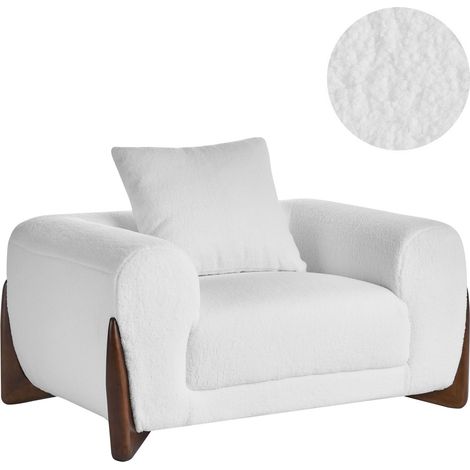 Armchair White Boucle Upholstery Wooden Legs with Armrests Living Room Reading Corner Modern Style VINLIDEN
