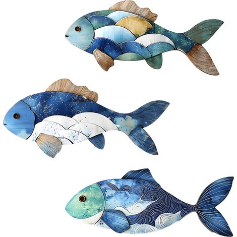 JeiibrZui Nautische Wanddekoration aus Holz – Blaue Fische – 3-teiliges Set – 18 x 8,6 cm – Selbstklebende maritime Ornamente für Badezimmer, Wohnzimmer und Ferienhaus (1/5)