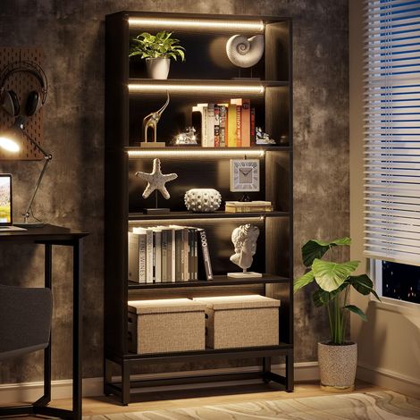Tribesigns Grande bibliothèque noire de 179,8 cm avec lumières LED, étagère autoportante robuste avec 5 étagères de rangement pour salon, chambre à coucher (noir)