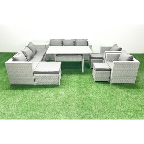 Fimous Rattan Gartenmöbel-Set Outdoor 8 Sitzer mit Esstisch 2 Sesseln Beistelltisch 3 Fußhockern Hellgrau gemischt (1/5)