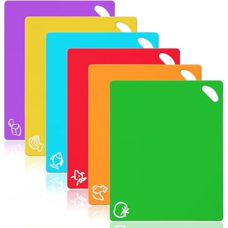 Set de planches à découper en plastique, 6 tapis flexibles avec icônes alimentaires, antidérapants, antimicrobiens, faciles à suspendre, compatibles lave-vaisselle.