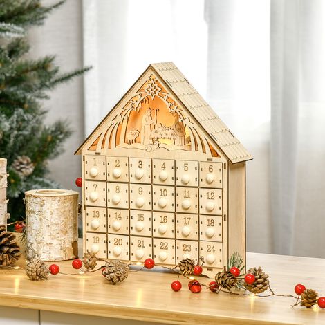 Calendrier l’Avent de en bois avec 24 tiroirs - décoration de Noël avec crèche sculptée et lumières - 26,6x6x30cm (1/4)