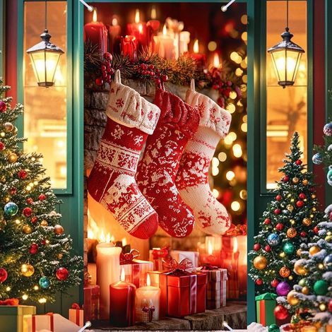 Décorations de Noël 2026 - Drapeaux, nœuds, décorations de Noël, rideaux de porte - 90 x 190 cm (taille élastique) - QL-45