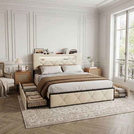 Letto matrimoniale 160x200 cm con rete a doghe, testiera con LED e USB, 4 cassetti, velluto, Letto capitonné 2 posti, beige