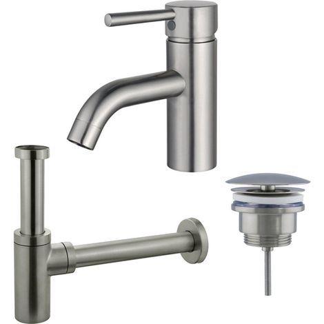 FugaFlow Eccelente Sobrado Kit mitigeur lavabo - robinet bas - bonde nonobturable - siphon design - PVD Inox brossé (1/4)
