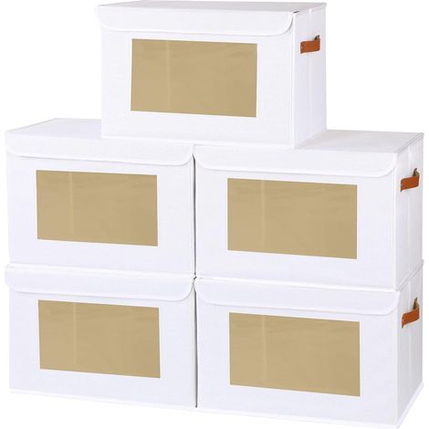 Lot de 5 Boite Rangement, Tissu, Couvercle, Fenêtre Transparente, Poignée, Pliable, pour Armoire, Chambre