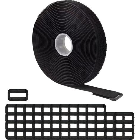 Verstellbare Kabelbinder, 10 m x 2 cm, mit 50 Schlaufen, selbstklebendem Klettverschluss, individuell zuschneidbar, zum Organisieren von Gegenständen und für Kabelmanagement, Schwarz