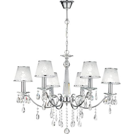 "Lampadario BOEME in metallo cromato e cristalli con sei paralumi glitterati" (1/3)