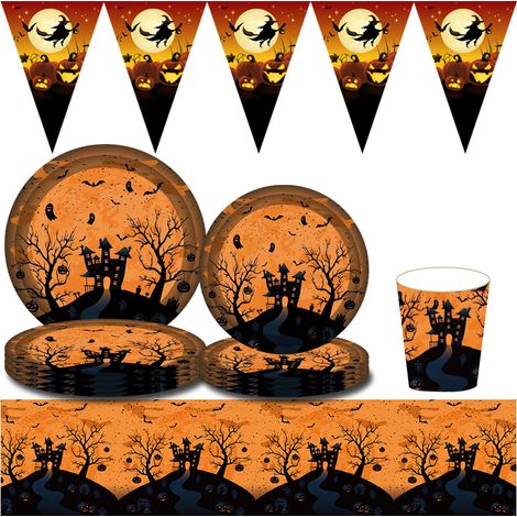 Halloween-Geschirr, 34-teiliges Halloween-Party-Set: Pappteller, Servietten, Tischdecken, Girlanden, Pappbecher – alles zum Selbermachen (1/4)