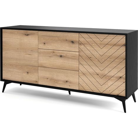 Selsey BOULIA - Sideboard mit 3 Schubladen, Schwarz mit Fischgrätfronten in Eiche, 154 cm (1/4)