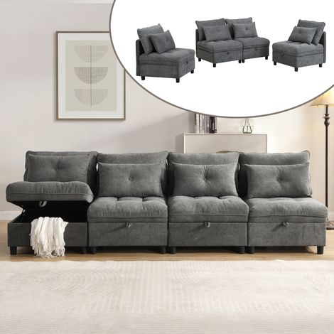 Sofá cama modular - 4 plazas - 274 x 76 x 87 cm - combinaciones libres - espacio de almacenamiento debajo - en chenilla gris (1/5)