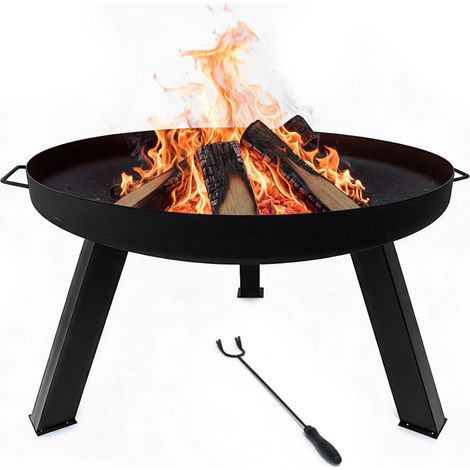 Relaxdays Feuerschale, Ø Schale 59 cm, mit Schürhaken, pulverbeschichteter Stahl, Feuerstelle Garten, Terrasse, schwarz