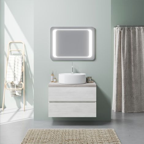 Mueble Suspendido 80 Cm Roble Blanco Y Espejo 80X60 Led  Elba (1/4)