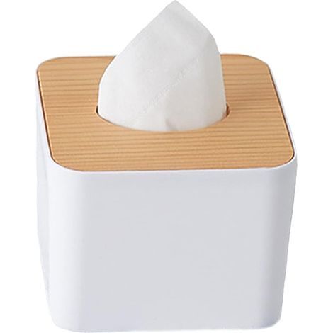 Weiße, quadratische Kosmetiktuchbox aus Kunststoff mit Holzdeckel (1/5)