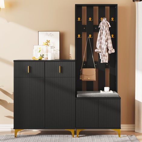 Chiffonnier avec banc à chaussures intégré et coussins - Façade avec crochets pratiques - Armoire de rangement avec tiroirs et portes - Meuble d'entrée multifonctionnel et élégant (1/5)
