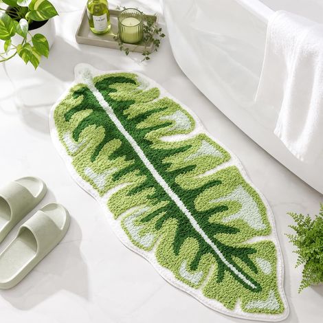 Tapis de Bain Coureur en Feuille de bananier Verte, Grand Tapis de Salle de Bain en Forme de Feuille de Palmier, Microfibre Douce et Moelleuse antidérapante Lavable absorbante 114x50cm (1/5)