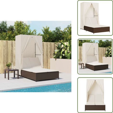 The Living Store Doppel-Sonnenliege mit Dach und Vorhängen Braun Poly Rattan - Doppelsonneliege - Gartenliege - Sonnenschirm - Outdoor Liege - Poolliege (1/5)