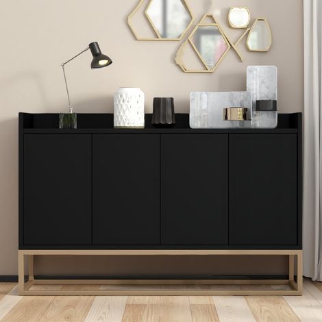 Buffet Moderne 120x30x80cm,Commode avec 4 portes,structure en métal doré,Buffet salle à manger,Meuble de cuisine avec étagères réglables, pour salon, chambre,noir (1/5)