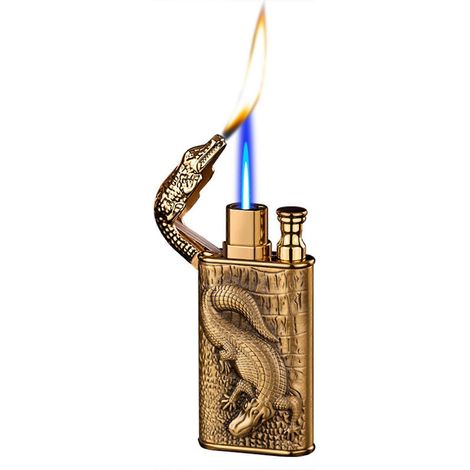 Briquet à double flamme Crocodile-Relief Magics, coupe-vent, rechargeable au butane, en métal, pour le camping et les bougies. Couleur : C (1/4)