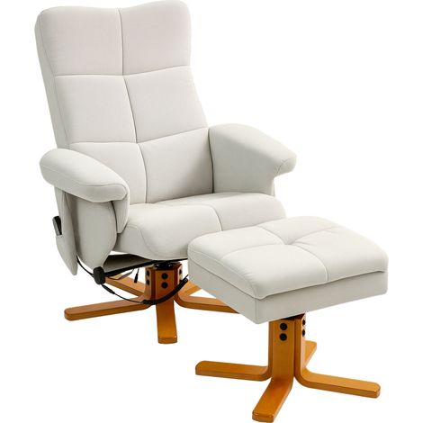 Fauteuil massant avec fonction allongée et repose-pieds, inclinaison jusqu'à 145°, en polyester, dimensions 80 x 86 x 99 cm, couleur blanc crème