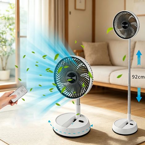 Ventilateur sur Pied Sans Fil Rechargeable 5400 mAh, Hauteur Réglable, Télécommande, USB, Oscillation Gauche/Droite, Minuterie, Ventilateur Pliable Silencieux (1/5)