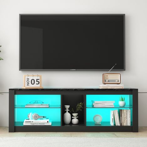 TV-Schrank 140 cm, mit LED-Beleuchtung und Glasböden, Stauraum, TV-Möbel, modernes Design, Schwarz (1/5)