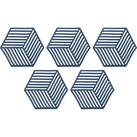 Lot hexagonal bleu 5 pièces dessous de plat silicone résistant chaleur, tapis bol pour boissons, table extérieur plats chauds (1/5)