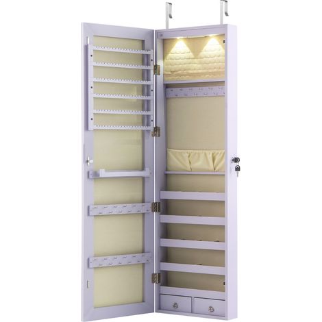 Armadio portagioie con specchio in legno a parete con LED interno 35,5x10x120cm Viola (1/5)