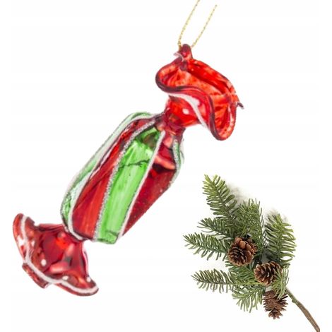 Pallina di Natale in vetro a forma di caramella, rossa e verde con glitter, 9,5 cm (1/5)